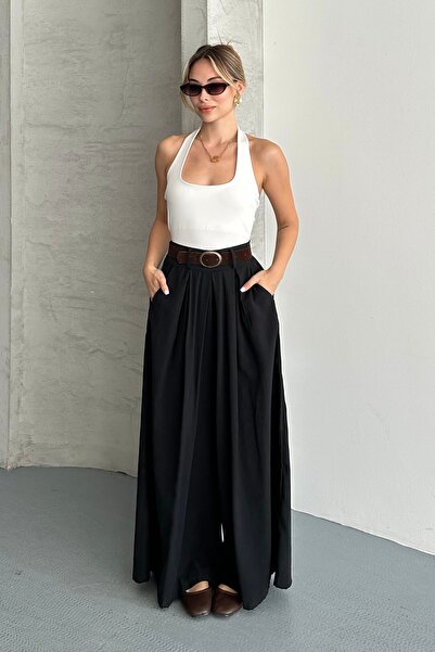 BEJNA Women's Belted High Waist Relaxed Fit Wide Leg Woven Palazzo Trousers