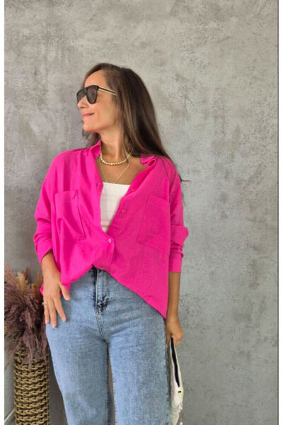 Butik Oversize Cepli Rahat Kalıp Kadın Gömlek FUŞYA