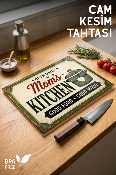 GİNZAMAİSON Mom's Kitchen Desenli Cam Kesim Tahtası - 25x35cm - Dayanıklı ve ...