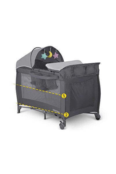 Ricokids Pătuț de călătorie pliabil pe 2 niveluri, cu saltea și roți cu frână, Antracit 125x65 cm