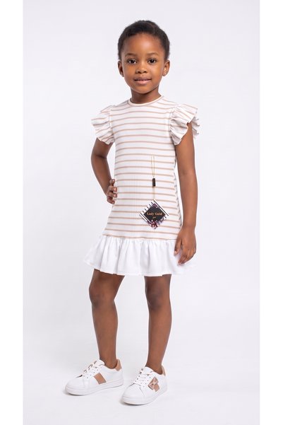 Generic Brand Girl's Striped Ruffle Sleeve Dress with Flounces at the Hem