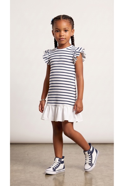 Generic Brand Girl's Striped Ruffle Sleeve Dress with Flounces at the Hem