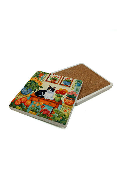 Sadrazam Cat Printed Natural Stone Coaster 10X10 1G-Kedi3