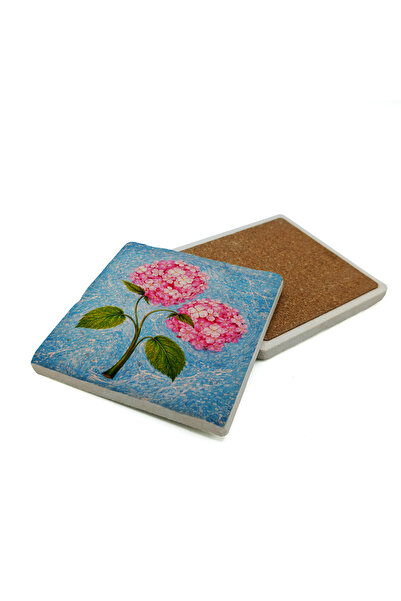 Sadrazam Hydrangea Flower Ebrusu Printed Natural Stone Coaster 10X10 1G-2Orta...