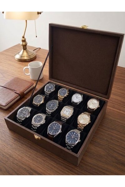 aswood Leather Covered Wooden Watch Box, 12 Watch Storage Box, Stylish Watch Organizer