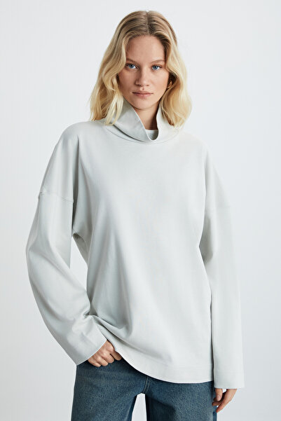 ETHIQUET HERMIONE Kadın İnterlok Kumaşlı Hafif Bogazlı Oversize Modest Gri Sweatshirt