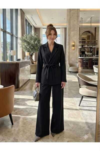 newmisal Women's Lace-Up Classic Jacket and Wide-Leg Comfortable Cut Pants Set