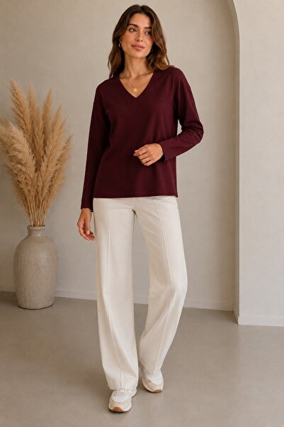 Sortie Women's V-Neck Comfortable Fit Flowy Modal Long Sleeve T-Shirt Cherry
