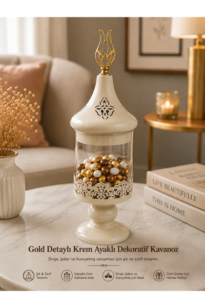 Bymiel Gold Detaylı Krem Ayaklı Cam Dekoratif Kavanoz – Kapaklı Draje ve Şeke...