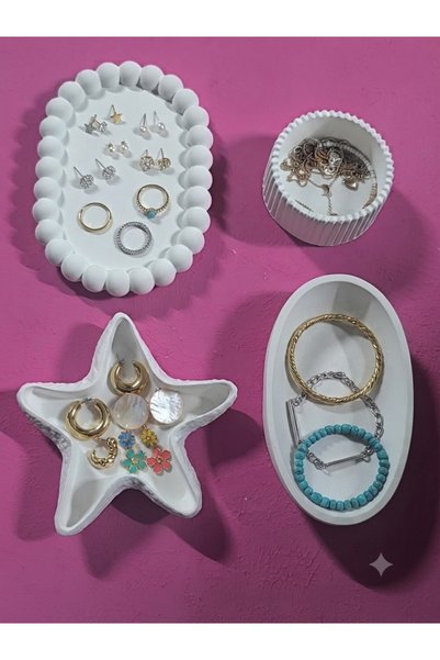BÜŞRA Handmade Decorative Set of 4 White Concrete Jewelry and Accessory Organ...