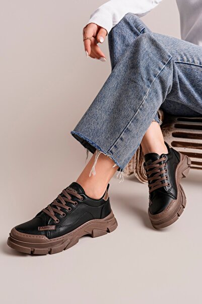 SEFERİ Women's Black Lace-Up Sports Shoes with Brown Soles