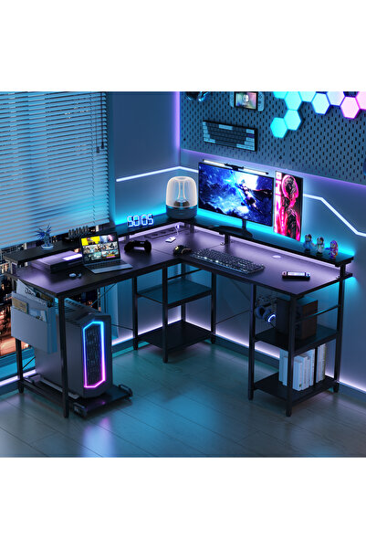 GENERAL Birou de Gaming în Formă de L cu Benzi LED RGB, Priză Inteligentă și ...