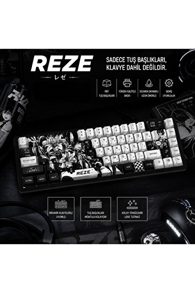 silabor 74 Tuş REZE Anime Temalı PBT Tuş Takımı – Siyah Beyaz Desenli Mekanik Klavye Keycaps Seti