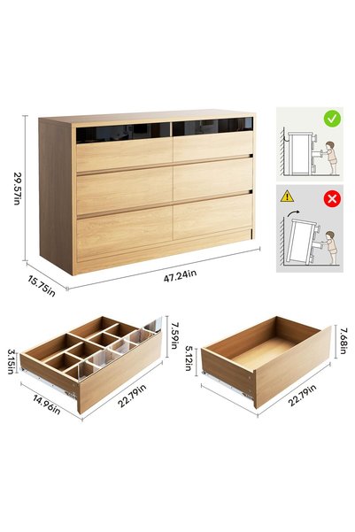 Bukela Yellow Cherry Oak Grain 6‑Drawer Chest of Drawers with LED Light, Glass Front Drawer Dresser, Storage Cabinet for Bedroom Living Room