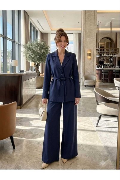 newmisal Women's Lace-Up Classic Jacket and Wide-Leg Comfortable Cut Pants Set