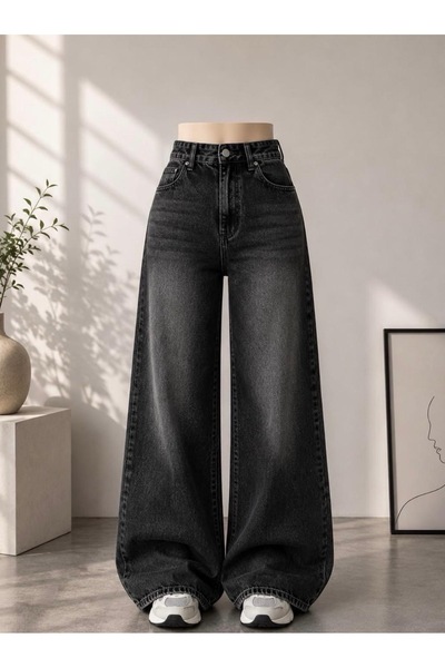 Kadın füme renk baggy 9w_17 yüksek bel %100 koton denim pantolon