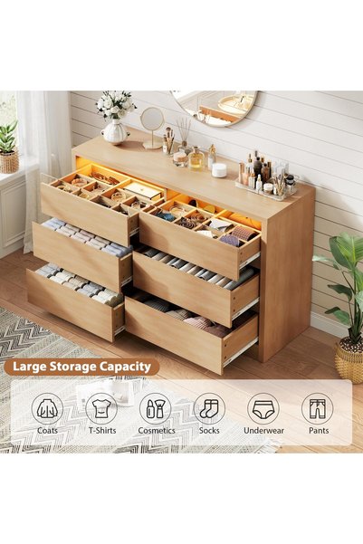 Bukela Yellow Cherry Oak Grain 6‑Drawer Chest of Drawers with LED Light, Glass Front Drawer Dresser, Storage Cabinet for Bedroom Living Room