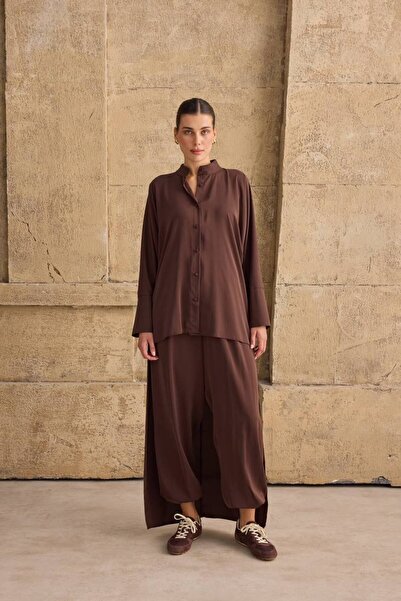 FLOWERİNG Women's Brown Long-Sleeved Shirt and Loose Trousers Two-Piece Set