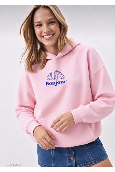 FUFLUNS Bonjour Printed Oversized Women's Hooded Sweatshirt