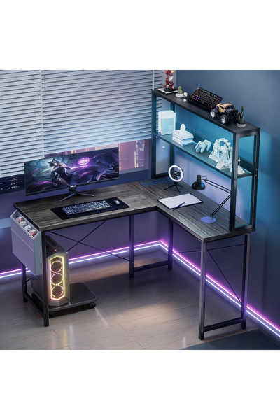 GENERAL 135x100x148cm Birou de Gaming în Formă de L cu Rafturi de Depozitare ...