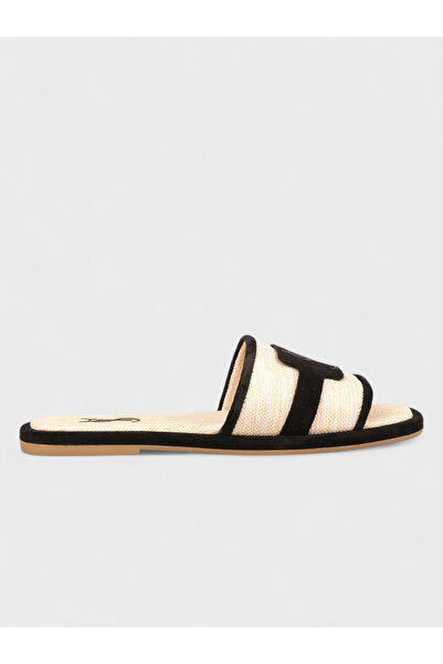Sadık Yılmaz Women's summer flat slippers - 612 501 - beige linen-black suede