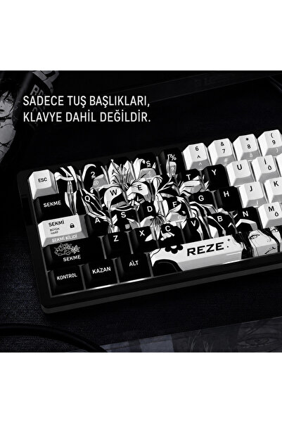 silabor 74 Tuş REZE Anime Temalı PBT Tuş Takımı – Siyah Beyaz Desenli Mekanik Klavye Keycaps Seti