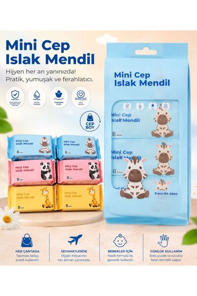 Keskon 8’li Paket Taşınabilir Çanta Tipi Mini Islak Mendil | Cep Boy Hijyen M...