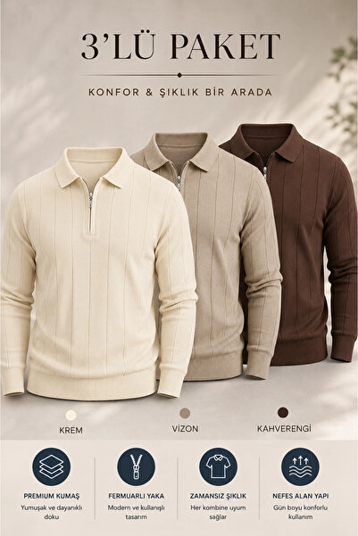 Edwox Men's Polo Collar Sweater 3-Piece Set T3 Edwtk195