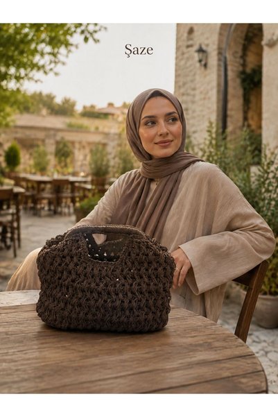 SAZE حقيبة يد نسائية من Şaze باللون البني محبوكة يدويًا بمقبض قصير، حقيبة يومية محبوكة