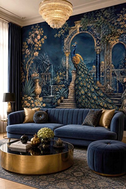 dreamwall Tavuskuşu ve Sütunlu Gece Bahçesi Tekstil Duvar Kağıdı