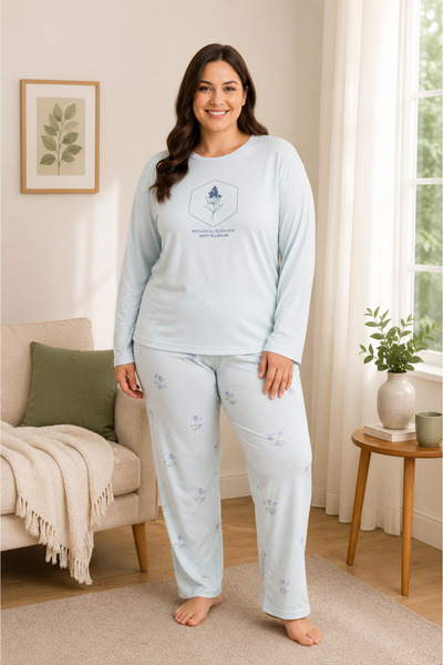 Vesperia Kadın Büyük Beden Battal Boy Cares Uzun Kollu Pijama Takımı