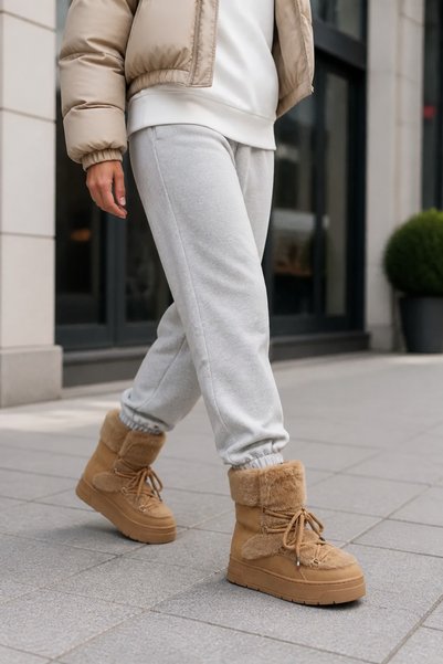 U.S. Polo Assn. حذاء شتوي نسائي WR-1023 بلون الجمل مع تفاصيل من الفرو ونعل سميك