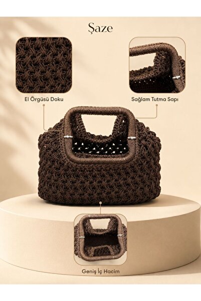 SAZE Şaze Women's Brown Hand Knitted Handbag Short Handle Daily Knitted Bag