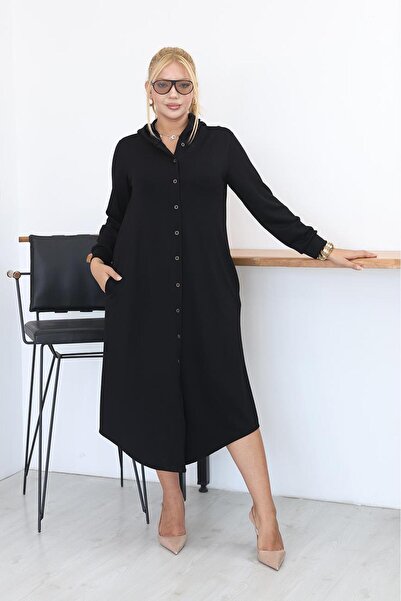 Siyezen Plus Size Button Detailed Hooded Modal Fabric Dress
