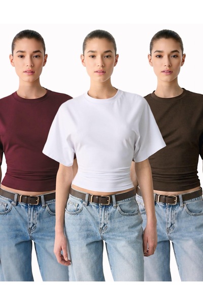 ossons Tricou din bumbac cu mâneci liliac și talie ajustată - Set de 3 (Prune...