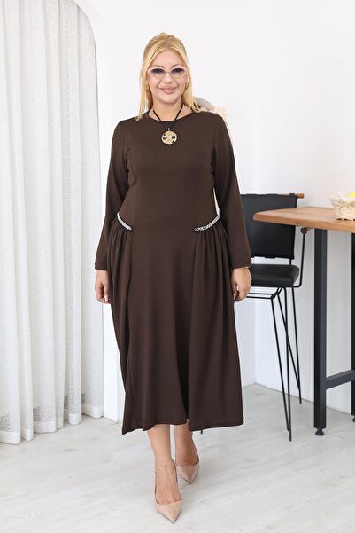 Siyezen Plus Size Pleated Dress with Stone Detail in Modal Fabric