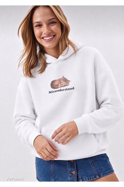 FUFLUNS Misunderstood Cat Printed Oversized Women's Hooded Sweatshirt