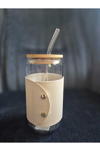 Lider MAGNESİA 550 ML ISIYA DAYANIKLI CAM PİPETLİ BAMBU KAPAKLI BARDAK SOĞUK KAHVE BARDAĞI KAKTÜS DESENLİ