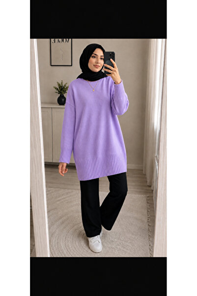 MODASPACE Lila Bisiklet Yaka Oversize Kadın Triko Kazak Tunik