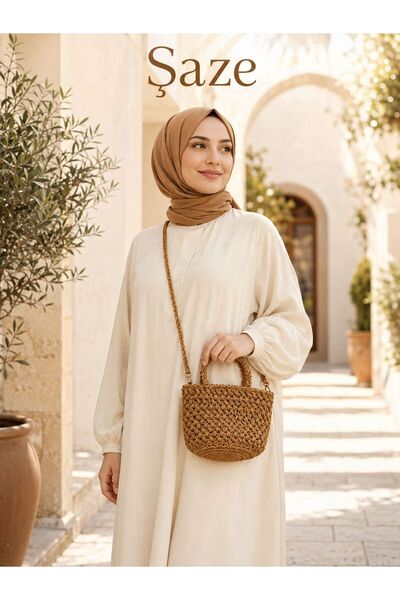 SAZE Şaze Women's Tan Hand Knitted Bag with Long Strap and Short Handle Shoulder and Crossbody Bag