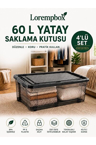 LOREMPBOX 60 L Horizontal Storage Box with Wheels, Set of 4 – Total 240 L, wi...