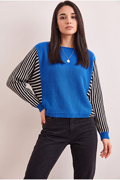 WeShaya Women's Blue, Striped Acrylic Knitwear Sweater, Batwing Sleeve, Boat ...