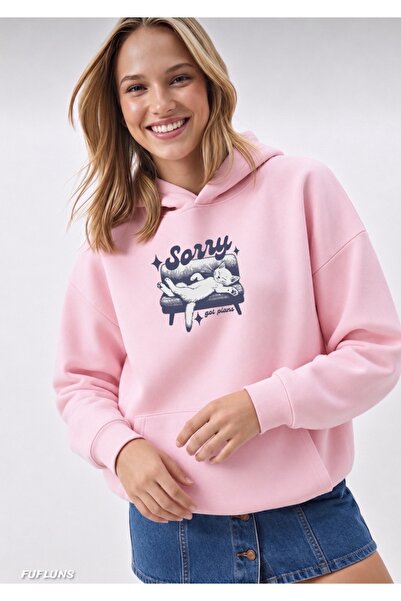 FUFLUNS Sorry Cat Printed Oversized Women's Hooded Sweatshirt