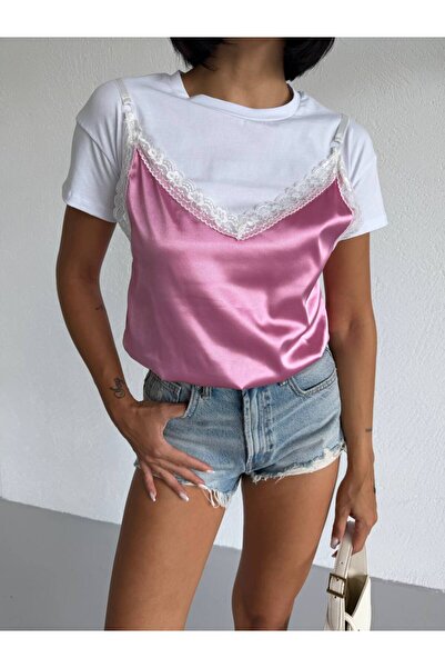 QUTTA Γυναικεία μπλούζα Candy Pink με κοντό μανίκι και σατέν δαντέλα