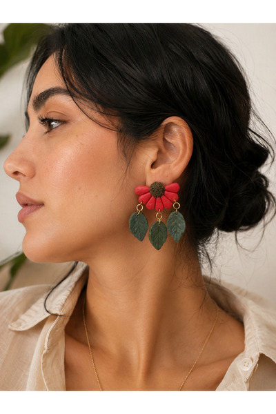 HOLMİ ATELİER Red Dangle Screw Flower Earrings