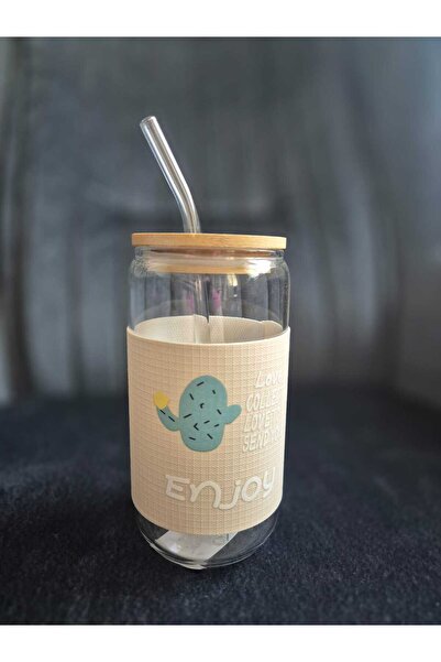 Lider MAGNESİA 550 ML ISIYA DAYANIKLI CAM PİPETLİ BAMBU KAPAKLI BARDAK SOĞUK KAHVE BARDAĞI KAKTÜS DESENLİ