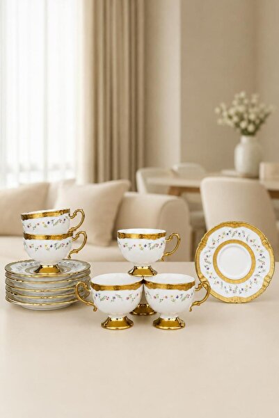 İLİVA 6 Kişilik Türk Kahvesi Fincan Takımı Porselen Gold Yaldızlı Çiçek Desen...