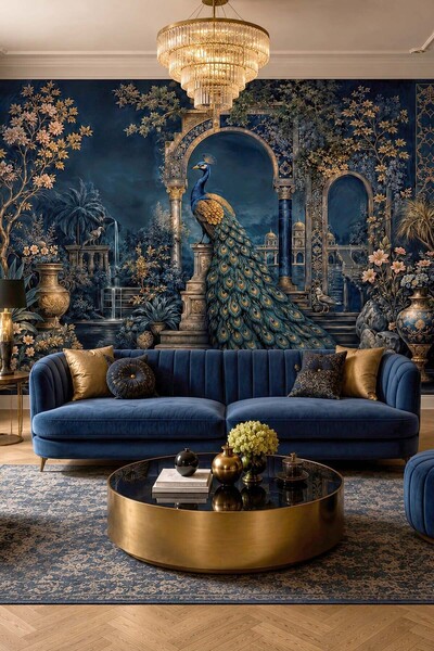 dreamwall Tavuskuşu ve Sütunlu Gece Bahçesi Tekstil Duvar Kağıdı