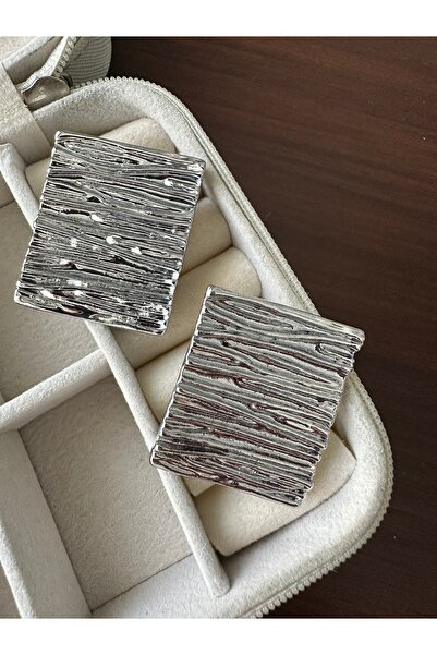 ringbox Silver Color Striped Patterned Plate Earrings