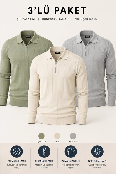 Edwox Men's Polo Collar Sweater 3-Piece Set T6 Edwtk195